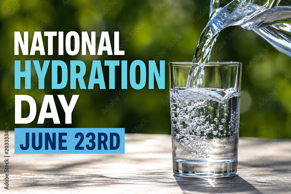 © Cornesia - National Hydration Day Concept with Water Pouring into Glass on Wooden Table © Cornesia - National Hydration Day Concept with Water Pouring into Glass on Wooden Table