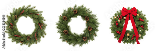 Фотография Set and collection of fresh natural green pine needle christmas wreath holiday d