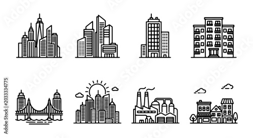 Photos Modern Cityscape Icons, Urban Buildings Collection, Industrial Factory & Bridge