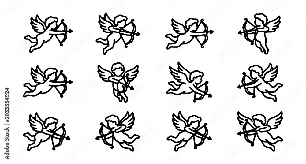 Fototapeta premium 12 Cupid Icons, Cherub Vector Set, Love Symbol Graphics, Valentine's Day Design Elements