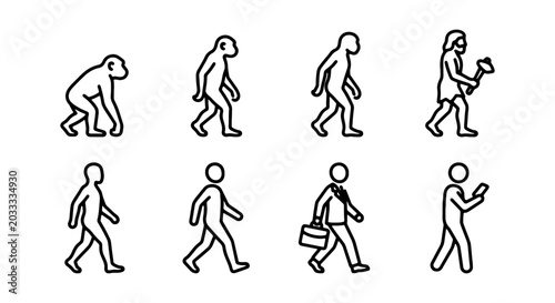 Photography Human Evolution Vector Icons, Primate to Modern Man Progression, Anthropological