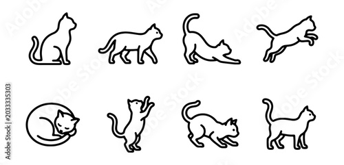 Minimalist Cat Icons, 8 Black Line Art Feline Vectors, Pet Animal Pictograms for UI/UX