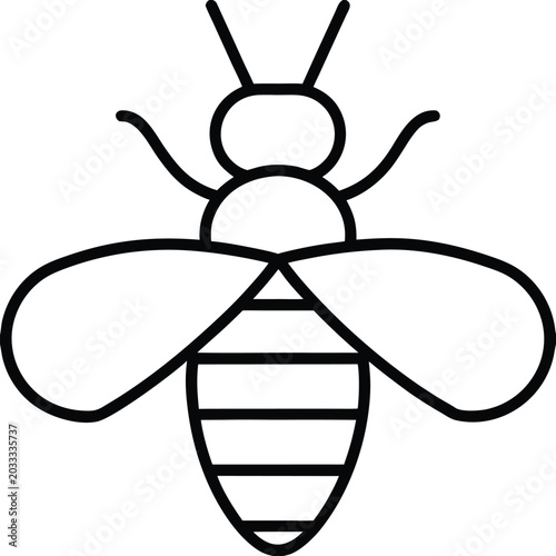 bee with striped body and wings line art vector illustration on transparent background