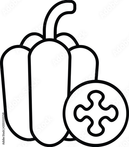 bell pepper with stem and curved walls line art vector illustration on transparent background