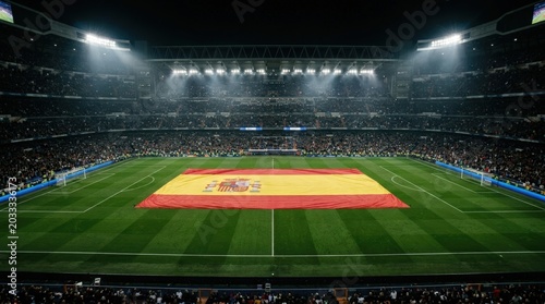 Spain flag dominating. Colorful atmosphere featuring passionate supporters and vibrant lights