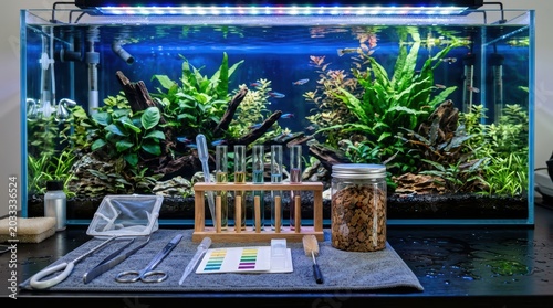 Planted aquarium maintenance setup with test tubes tools and water testing kit arranged on workbench in indoor tank area