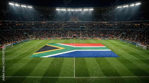 Giant south african flag. Stadium floodlights illuminate vibrant flag display. Panoramic aerial shot captures lively game day scene