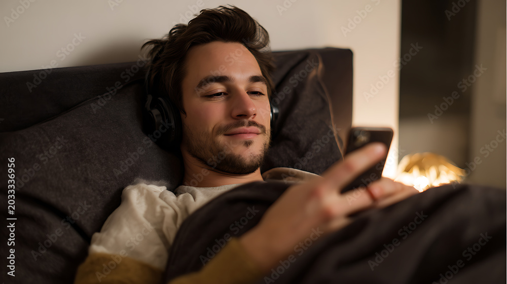 Fototapeta premium Relaxed young man listen to music or podcast with headphones, use mobile phone in cozy comfort. Serene indoor moments, digital connection