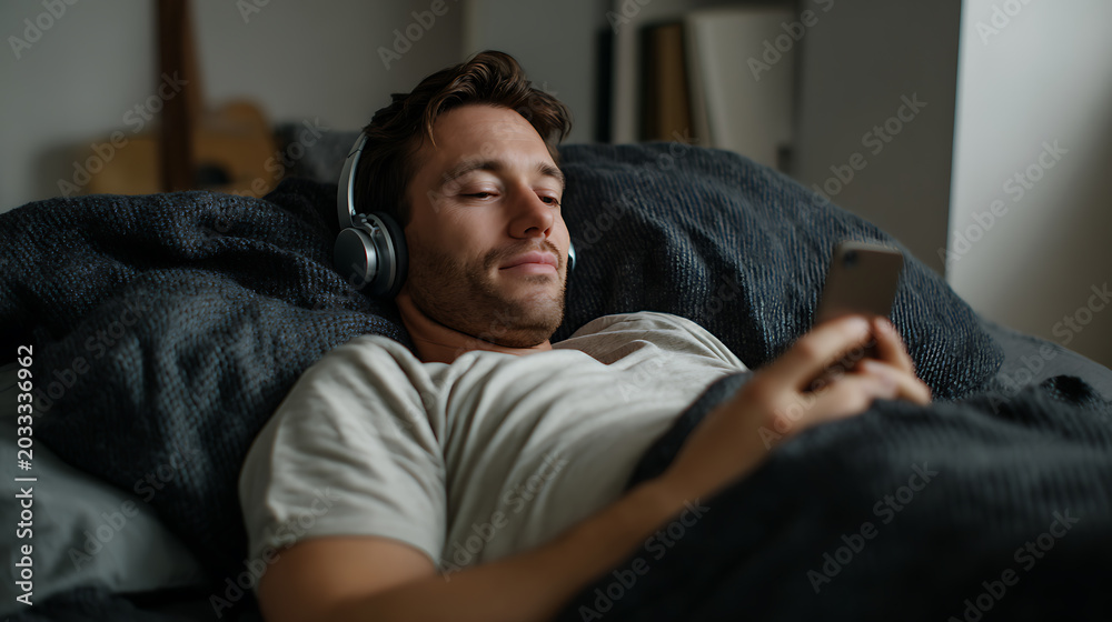 Fototapeta premium Relaxed young man in headphones uses smartphone in bed at home, enjoying music or podcast in a cozy bedroom setting, focus on comfort and leisure