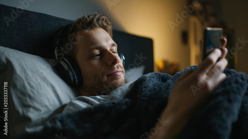 Relaxed young man listen to music on headphones and use mobile phone in bed at night  cozy atmosphere  focus on comfort and calm