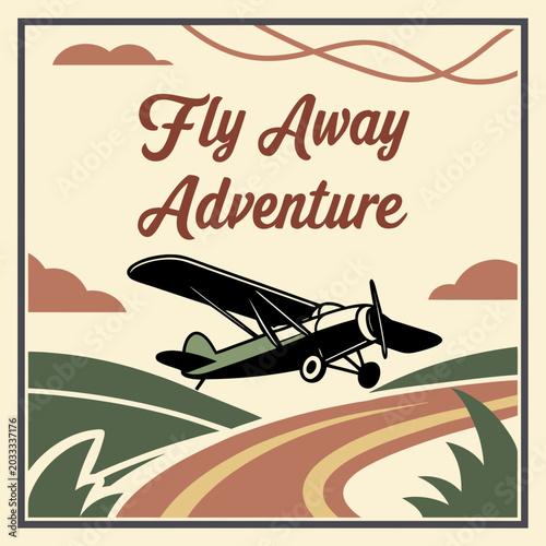 Cuadro en lienzo Vintage style travel poster featuring light aircraft flying over rural landscape