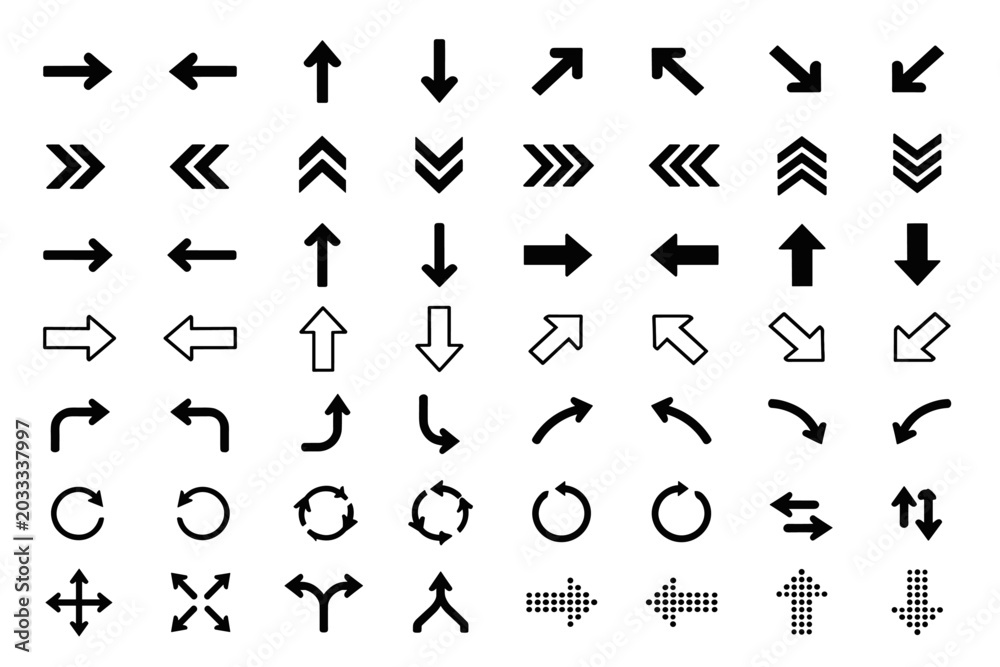 Fototapeta premium Collection of diverse arrow icons representing direction and movement in various styles