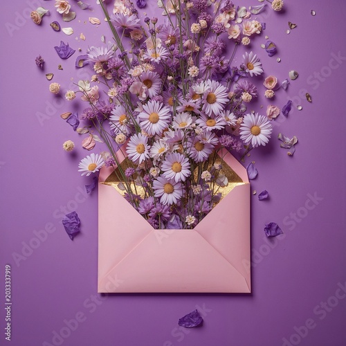 A pastel envelope bursts with delicate flowers on a vibrant pink background.