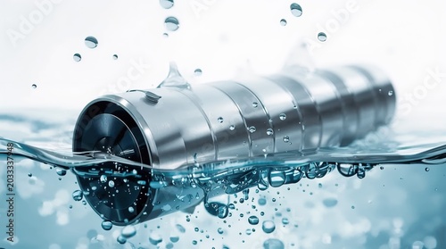 Cinematic close-up of a glowing blue fuel cell with iridescent water bubbles.