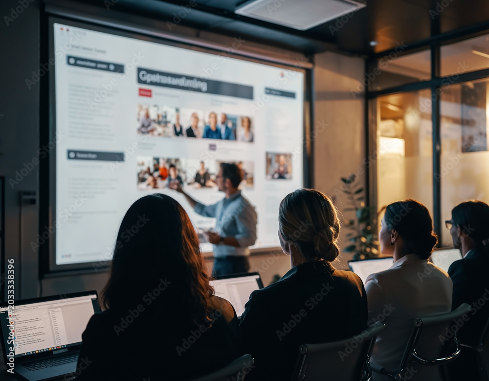 Fototapeta premium Blurred employee onboarding training session in modern office. HR and professional development concept ideal for teamwork, learning and staff integration themes. 