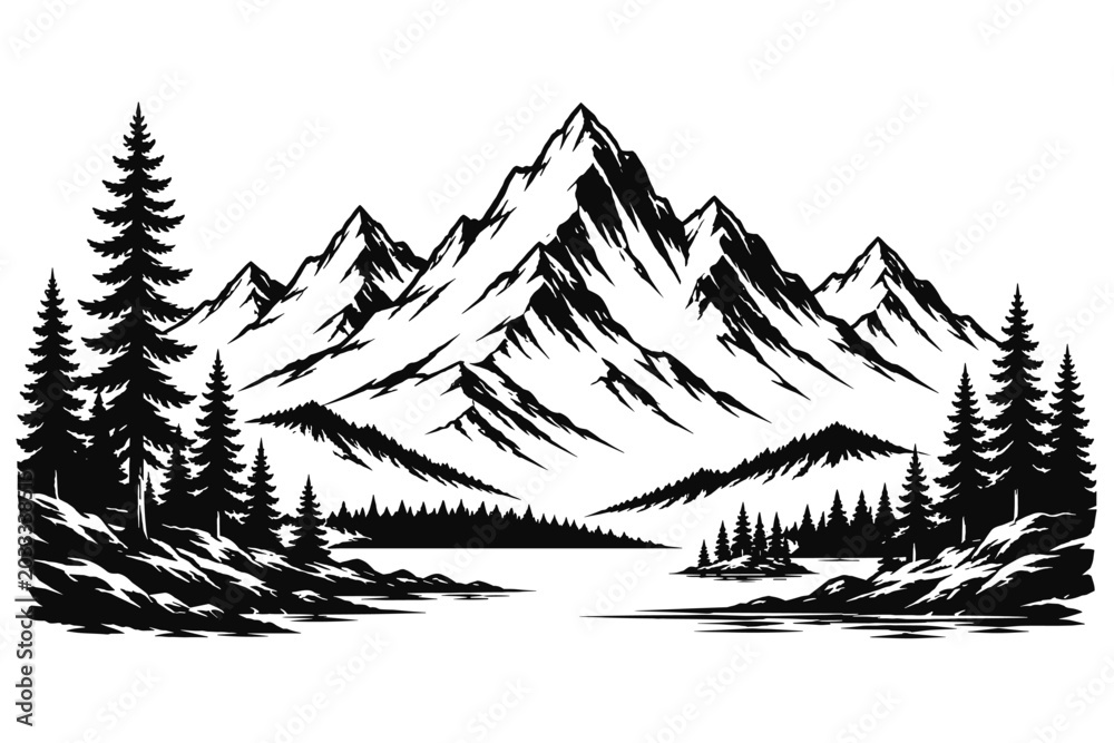 Fototapeta premium Majestic mountain range with pine trees and a serene lake in a striking black and white illustration
