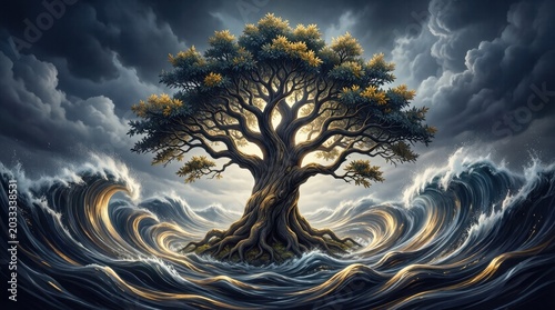 Sturdy tree resisting towering storm waves on turbulent sea