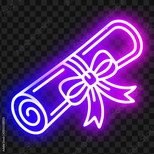 Neon graduation diploma scroll with ribbon bow vector icon