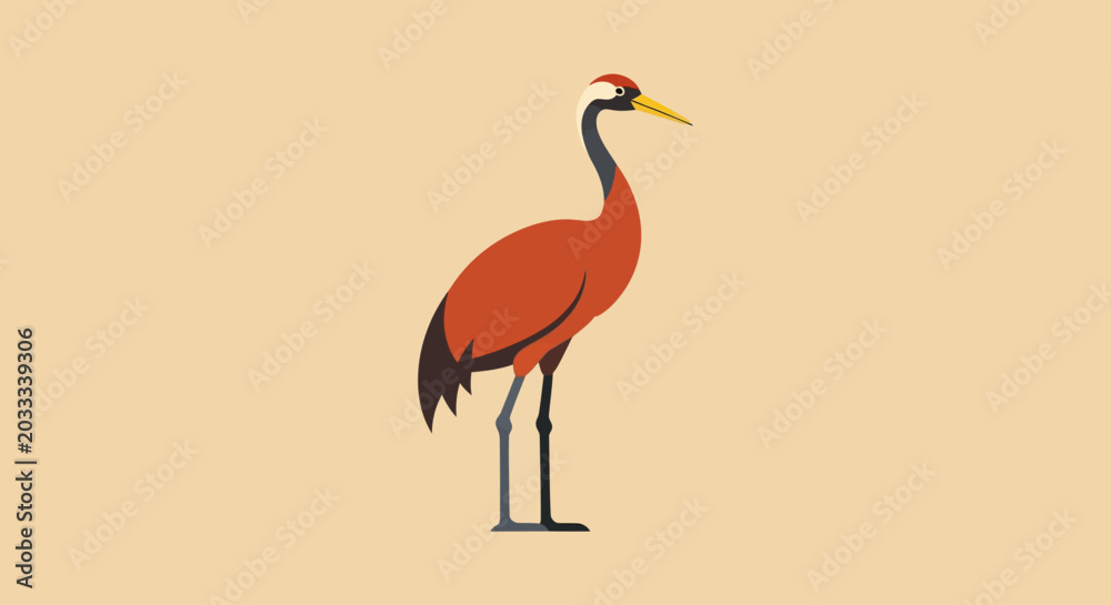 Obraz premium flat vector illustration of a crane bird standing on beige background