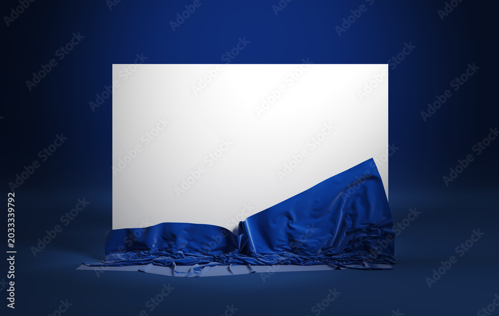 Φωτογραφία A luxurious blue cloth is pulled dark to reveal a blank white screen, perfect for presentations or announcements