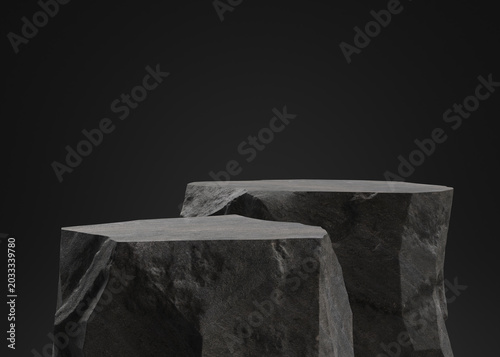 Dark stone formations. Empty stone podium for display product.  