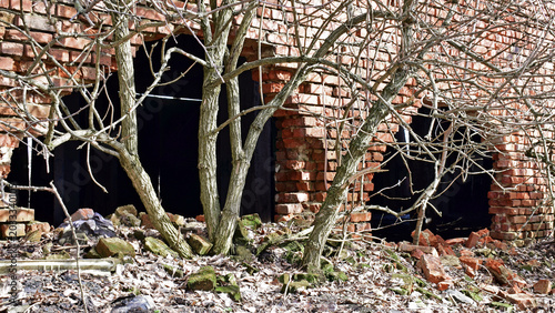 фотографія holes in the brick wall, the old wall is crumbling