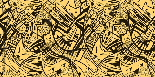 Photography Print Seamless abstract pattern with a musical-themed design of keys, strings, and cats for textiles and design