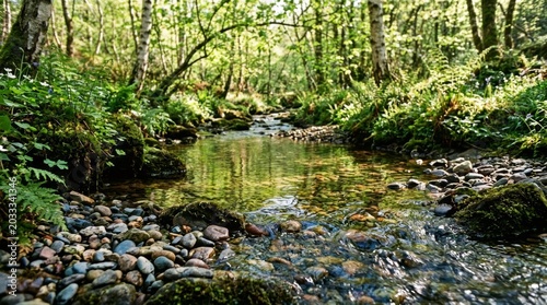 Clear stream flowing over smooth pebbles in a sun dappled woodland glen