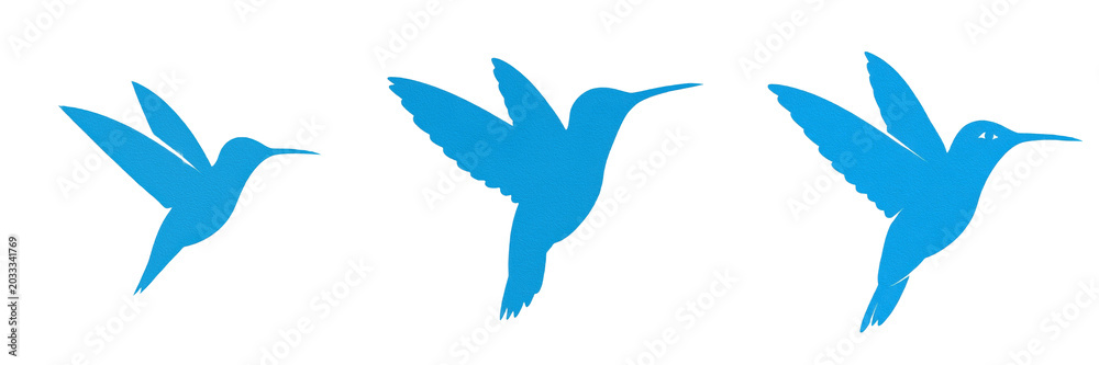 Fototapeta premium Set and collection of bright blue hummingbird silhouette flying wild small bird animal isolated on white transparent png background