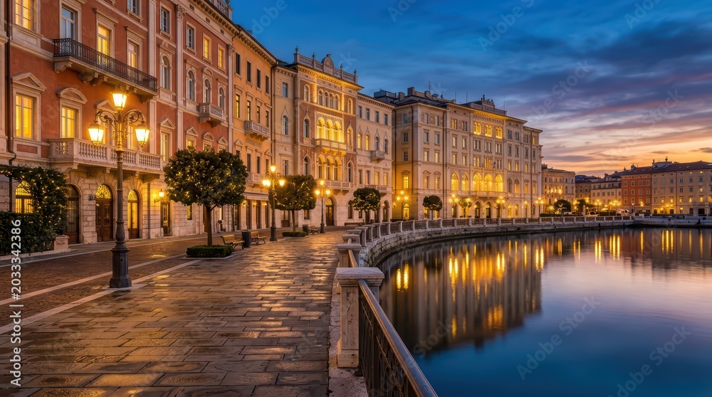 Fototapeta premium Historic waterfront promenade lined with illuminated facades and street lamps reflecting on calm canal at dusk in urban port city