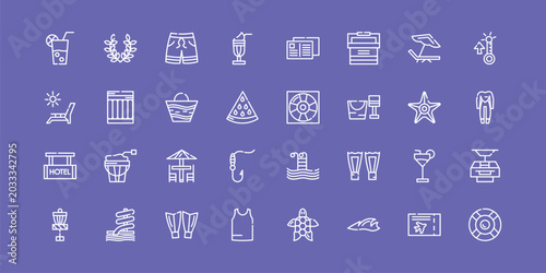 Quadro su tela summer outline icon set featuring lime juice, swimming trunks, life guard, rubber ring icons