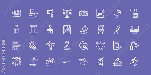 law and justice outline icon set featuring jury, murder, bribery, escape icons.