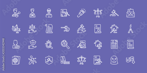 Konstfotografi law and justice outline icon set featuring criminal, , qualified protection, bankruptcy icons