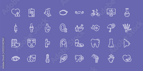 Quadro em tela medical icons outline icon set featuring disease, tiptoe feet, natural herbs and a mortar for healing, heart black shape icons