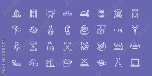 Canvastavla college outline icon set featuring philosophy, relativity, space capsule, drawing board icons
