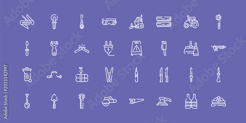 Fotografie construction line craft outline icon set featuring jackknife, toilet brush, wet floor, torch helmet icons