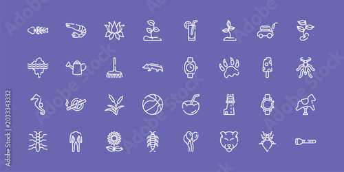 hunting outline icon set featuring fishbone, lotus flower, wristwatch, torch icons.