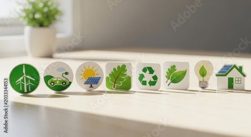 Icons of eco friendly technology and sustainable living arranged in a row. Renewable energy, recycling and green environment concept. Symbols of clean power for future climate protection.