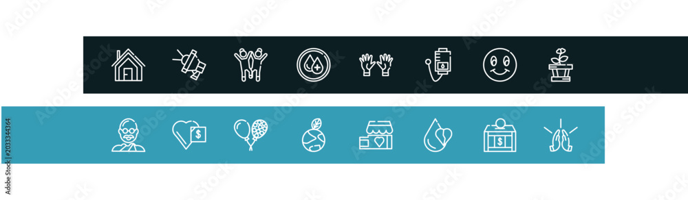 Fototapeta premium charity outline icon set featuring shelter, loudspeaker, happy kids, clean water icons.