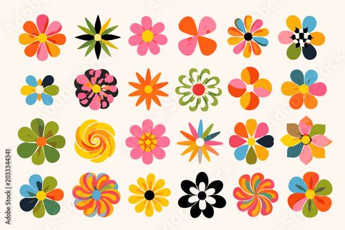 Collection of colorful, abstract, retro-style floral illustrations on a light background