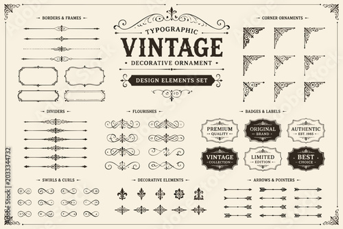 Vintage decorative ornament design elements set with borders, frames, and flourishes