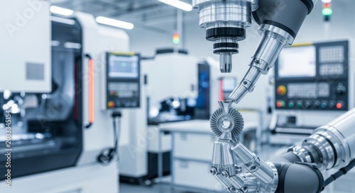 Industrial robotic arm precision machining a metal gear part. Automated robotic manufacturing process in a high tech factory. Digital engineering technology for modern smart production.