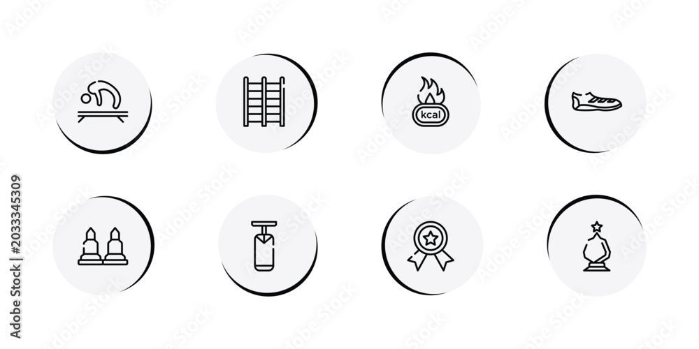 Fototapeta premium winning red outline icon set featuring gymnastics, trellis, calories, soccer boots icons.