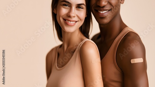 Diverse smiling vaccinated couple showing shoulder bandages on warm beige health awareness banner