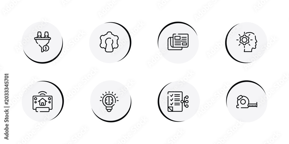 Fototapeta premium general outline icon set featuring lead conversion, open source, news feed, realization icons.