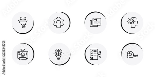 Foto general outline icon set featuring lead conversion, open source, news feed, realization icons