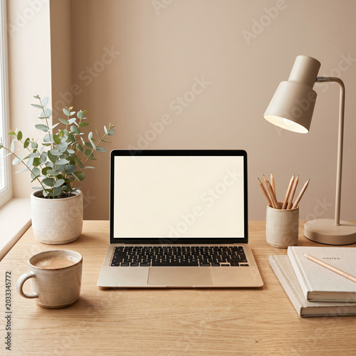 Laptop with blank screen on wooden desk with coffee and plant