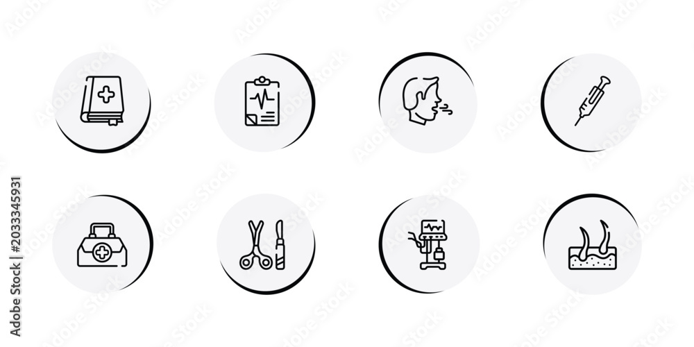 Fototapeta premium medical outline icon set featuring medicine book, medical results, breath, syringe needle icons.