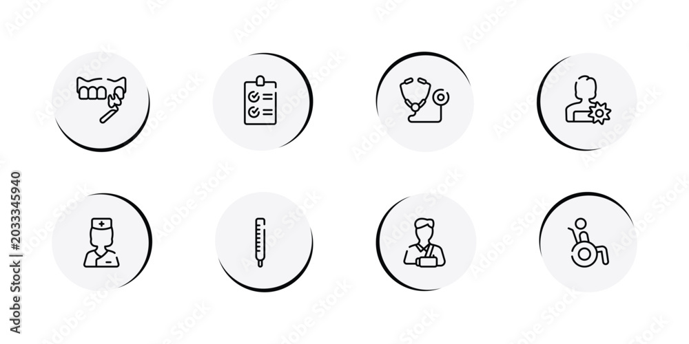 Fototapeta premium health outline icon set featuring veneer, checked list, medical stethoscope variant, woman with flower icons.