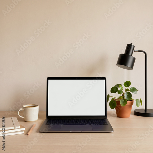 Laptop with blank screen on wooden desk with coffee and plant